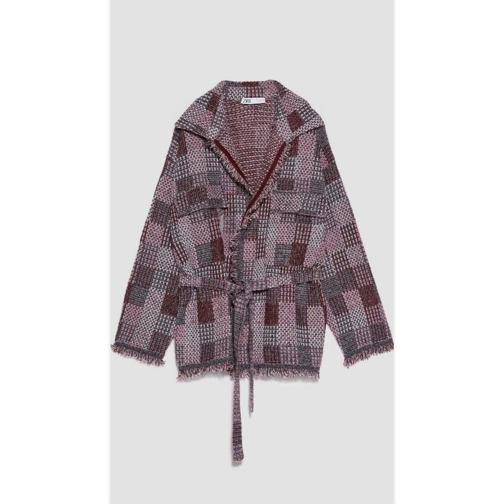 Zara Pink Metallic Tweed Plaid Fringe Belted Shirt Jacket Size M NWT - Picture 6 of 13
